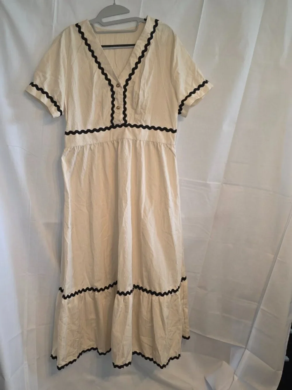 Midi Dress Wavy Ribbon Trim V Neck Defined Waist Cottage Country XL